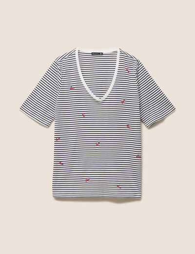 T-shirt droit broderie manches courtes bleu femme