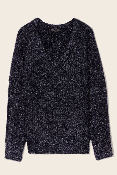 Pull manches longues col en V bleu marine femme