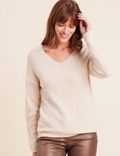 Pull col v manches longues &agrave; sequins couleur or femme