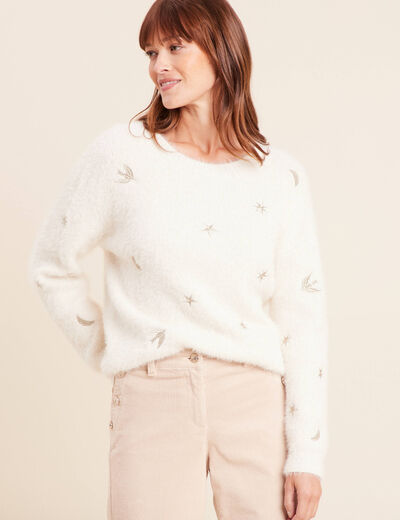 Pull brod&eacute; manches longues ecru femme