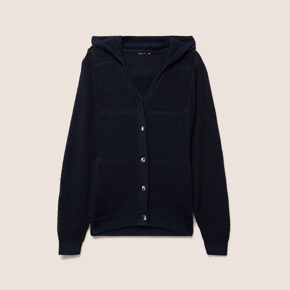 Gilet ajour&eacute; &agrave; capuche manches longues bleu marine femme