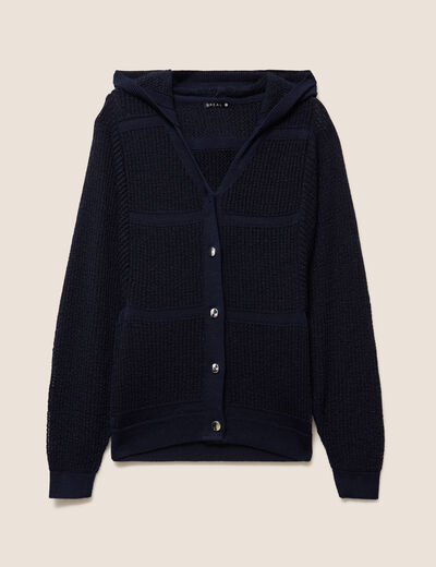 Gilet ajour&eacute; &agrave; capuche manches longues bleu marine femme