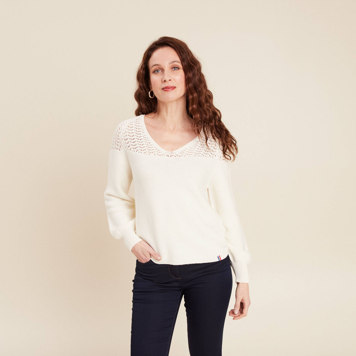 Pull confectionn&eacute; en France ecru femme
