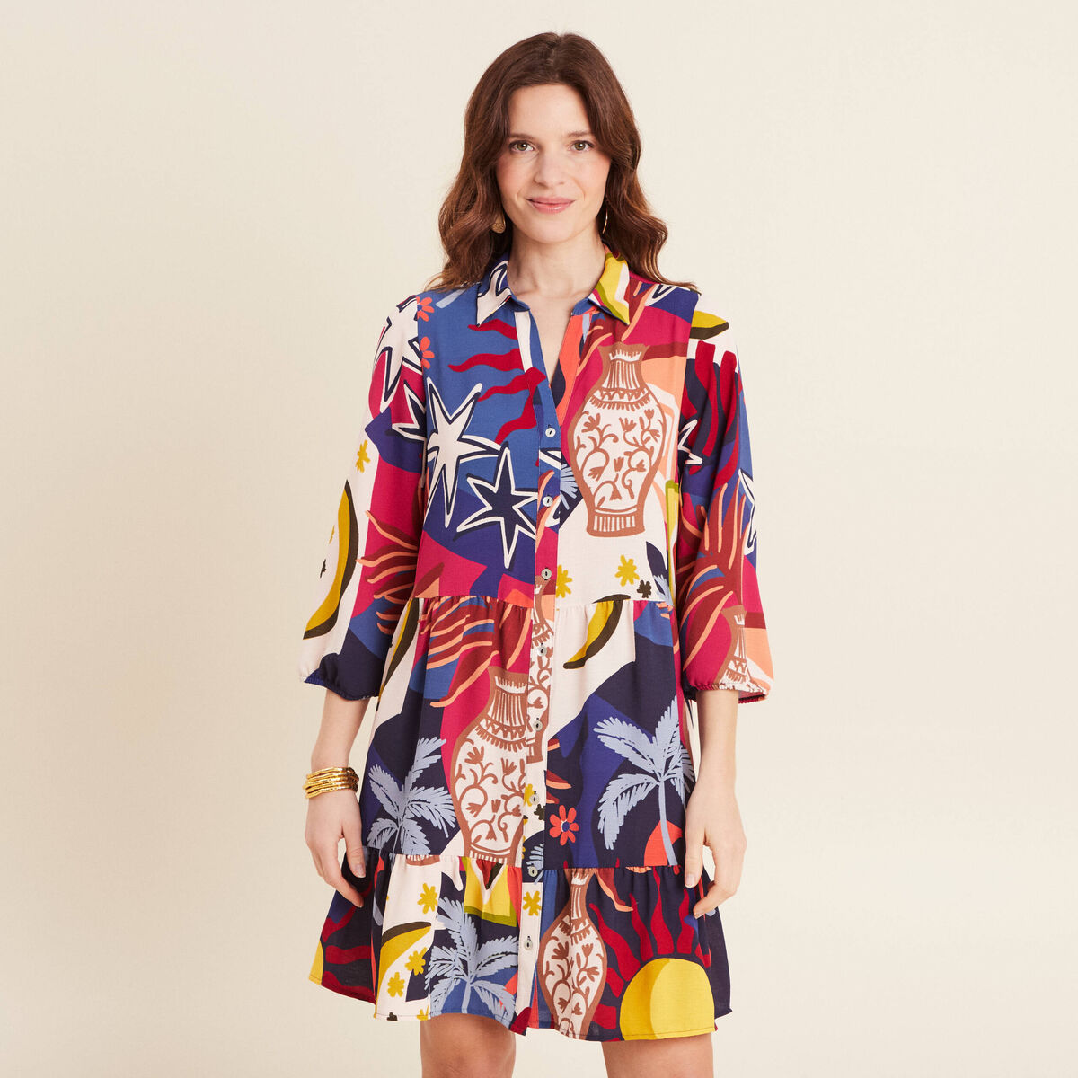Robe courte &eacute;vas&eacute;e manches 3/4 bleu femme