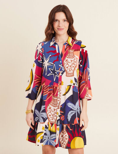 Robe courte évasée manches 3/4 bleu femme