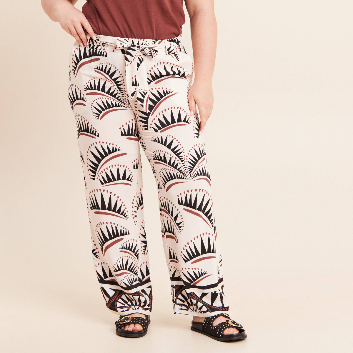 Pantalon large taille haute marron femme
