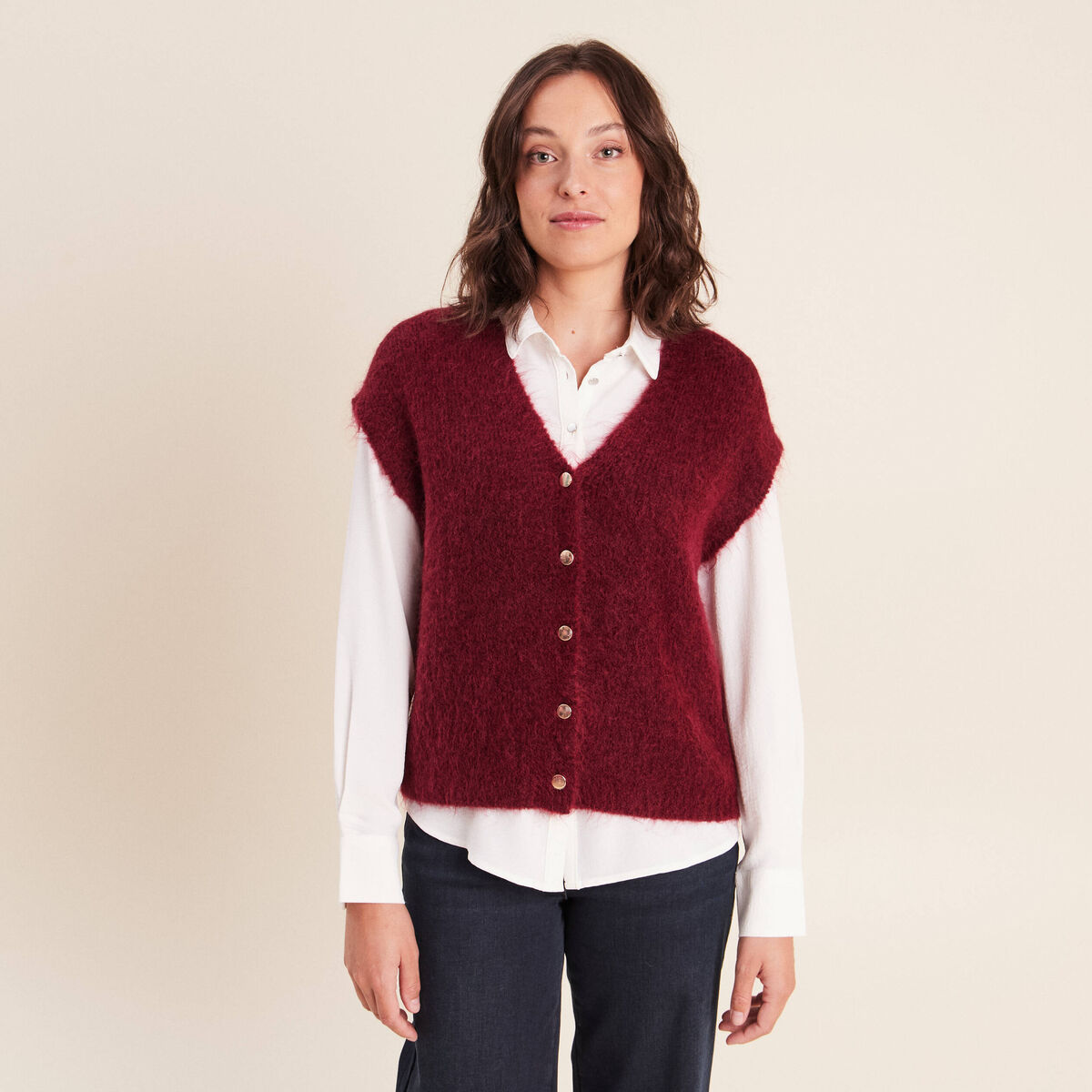 Gilet droit mi-long col v bordeaux femme