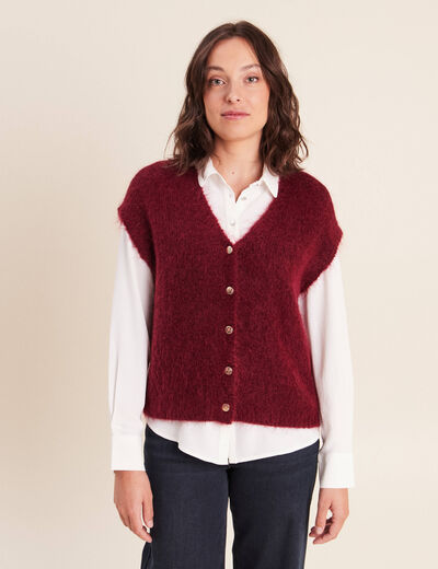 Gilet droit mi-long col v bordeaux femme