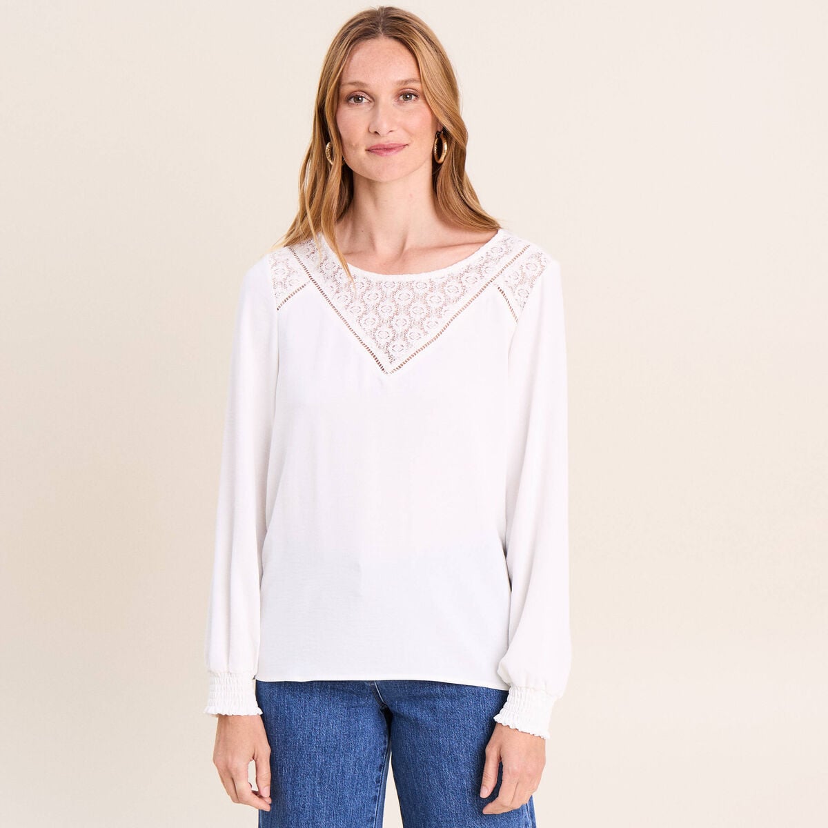 Blouse droite manches longues dentelle ecru femme