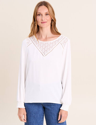 Blouse droite manches longues dentelle ecru femme