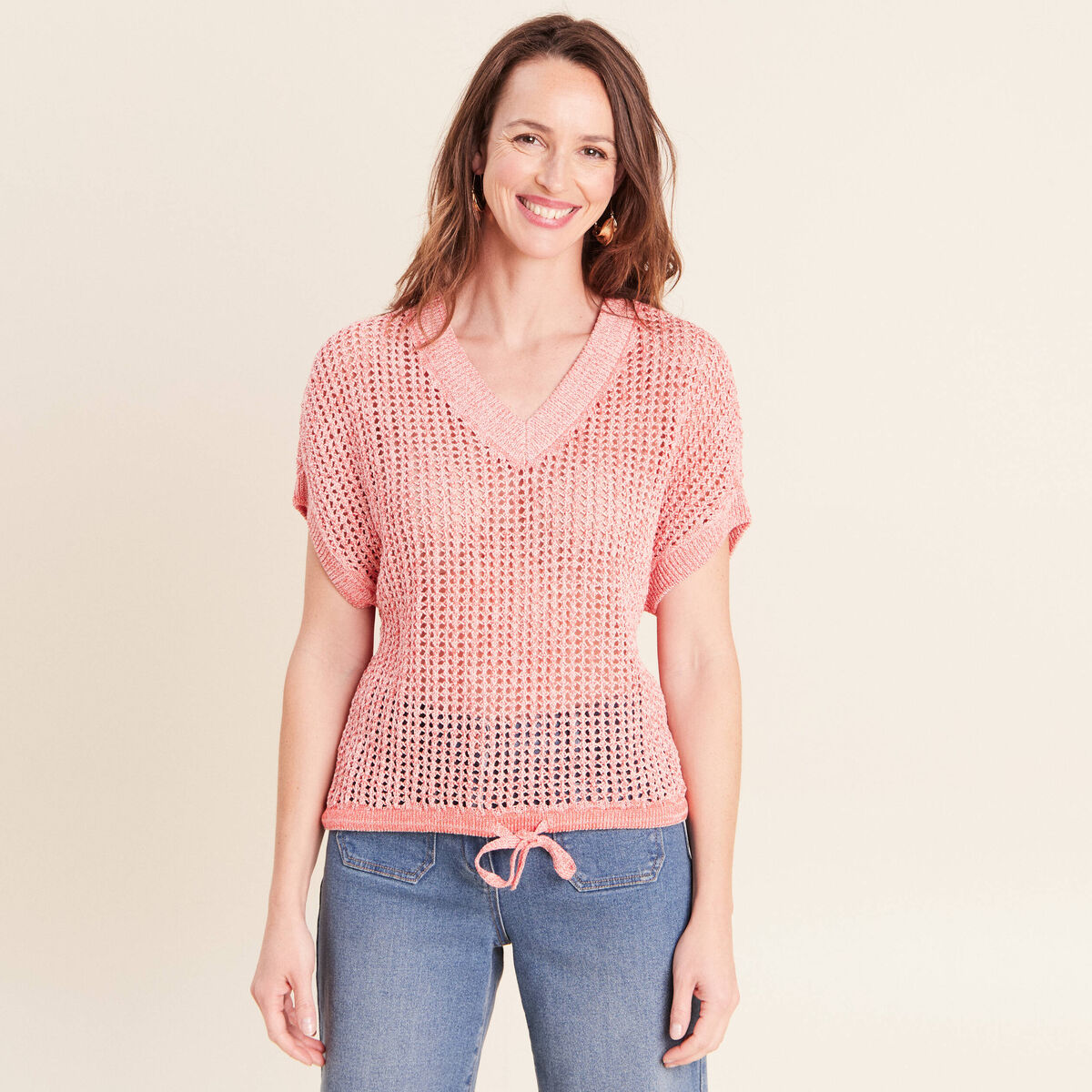 Pull col v manches courtes rouge femme