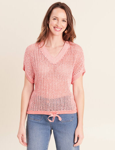 Pull col v manches courtes rouge femme