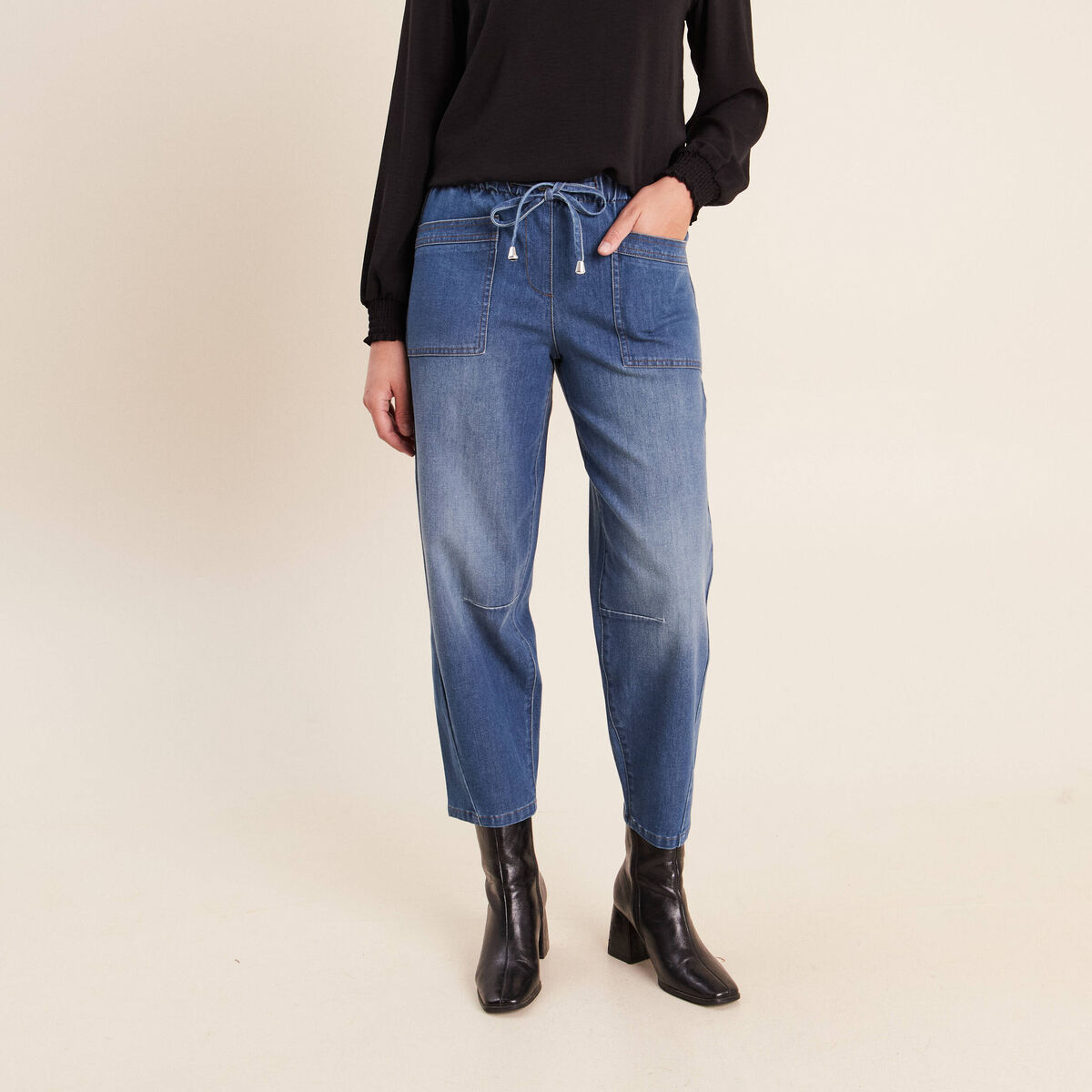 Pantalon mom 7/8&egrave;me en coton denim stone femme