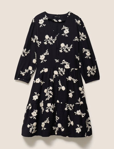 Robe courte &eacute;vas&eacute;e col v manches 3/4 noir femme