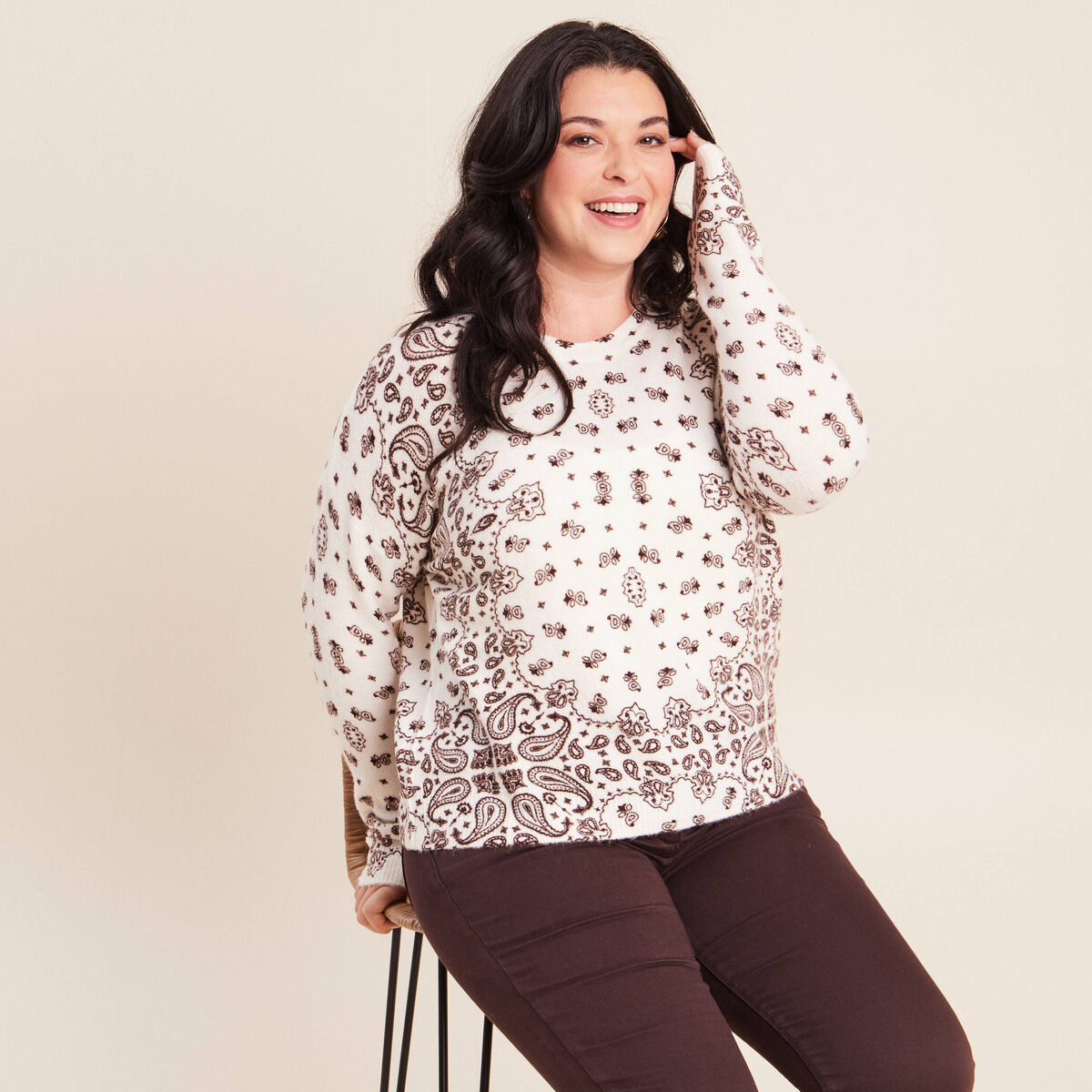 Pull col rond marron femme