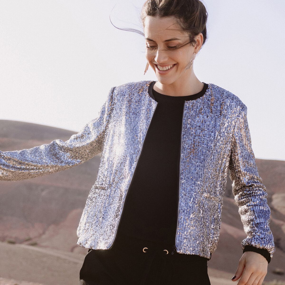 Veste zipp&eacute;e sequins gris argent femme