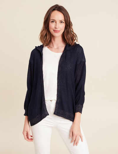 gilet droit mi-long à capuche bleu marine femme