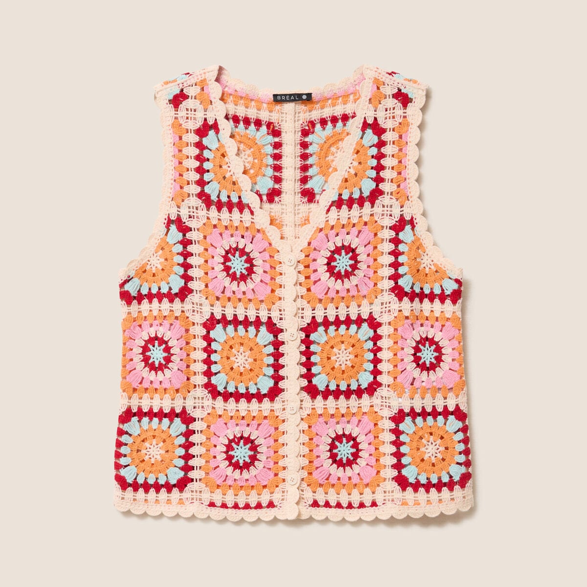 Gilet macram&eacute; col v sans manches ecru femme