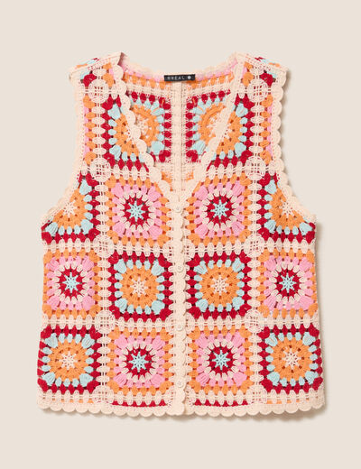 Gilet macram&eacute; col v sans manches ecru femme