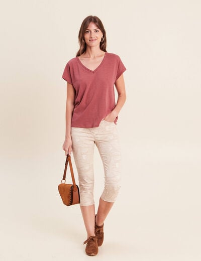 T-shirt col v manches courtes aspect lin vieux rose femme