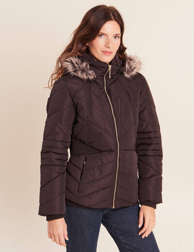 Doudoune cintr&eacute;e capuche manches longues marron fonc&eacute; femme