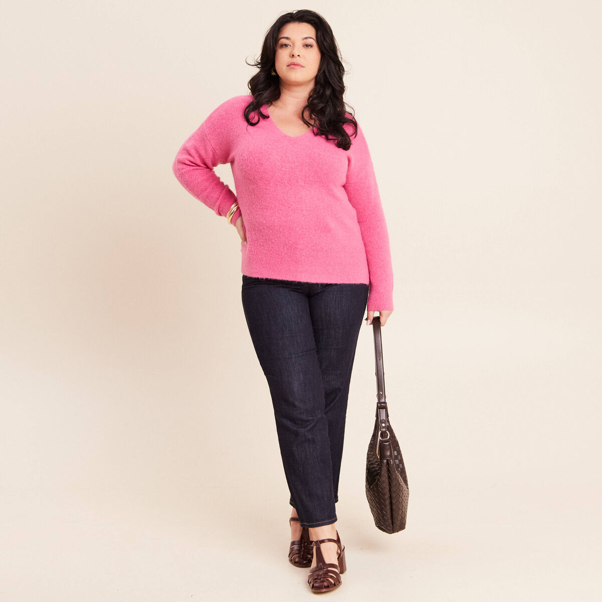 Pull col v manches longues rose fushia femme