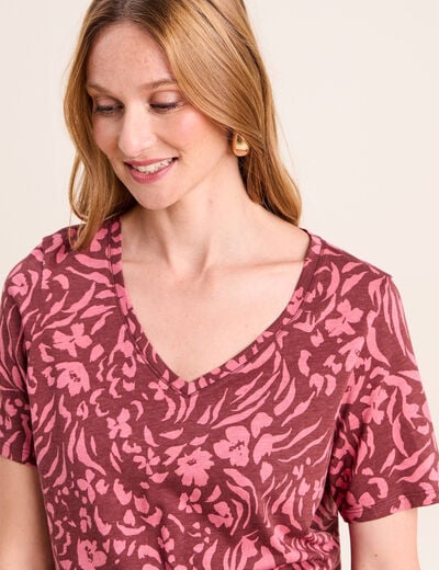 T-shirt col V manches courtes rose femme