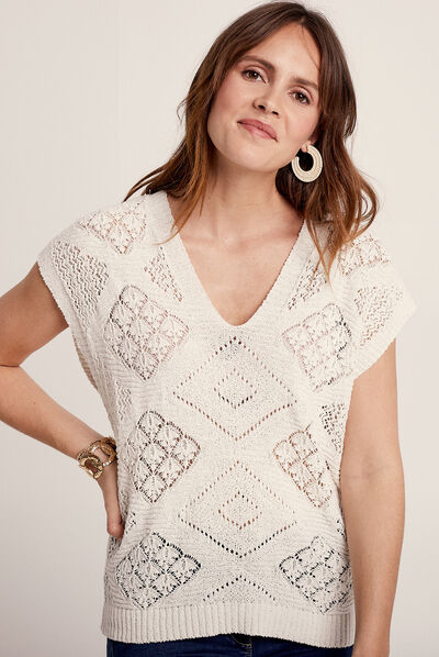 Pull manches courtes ajouré ecru femme