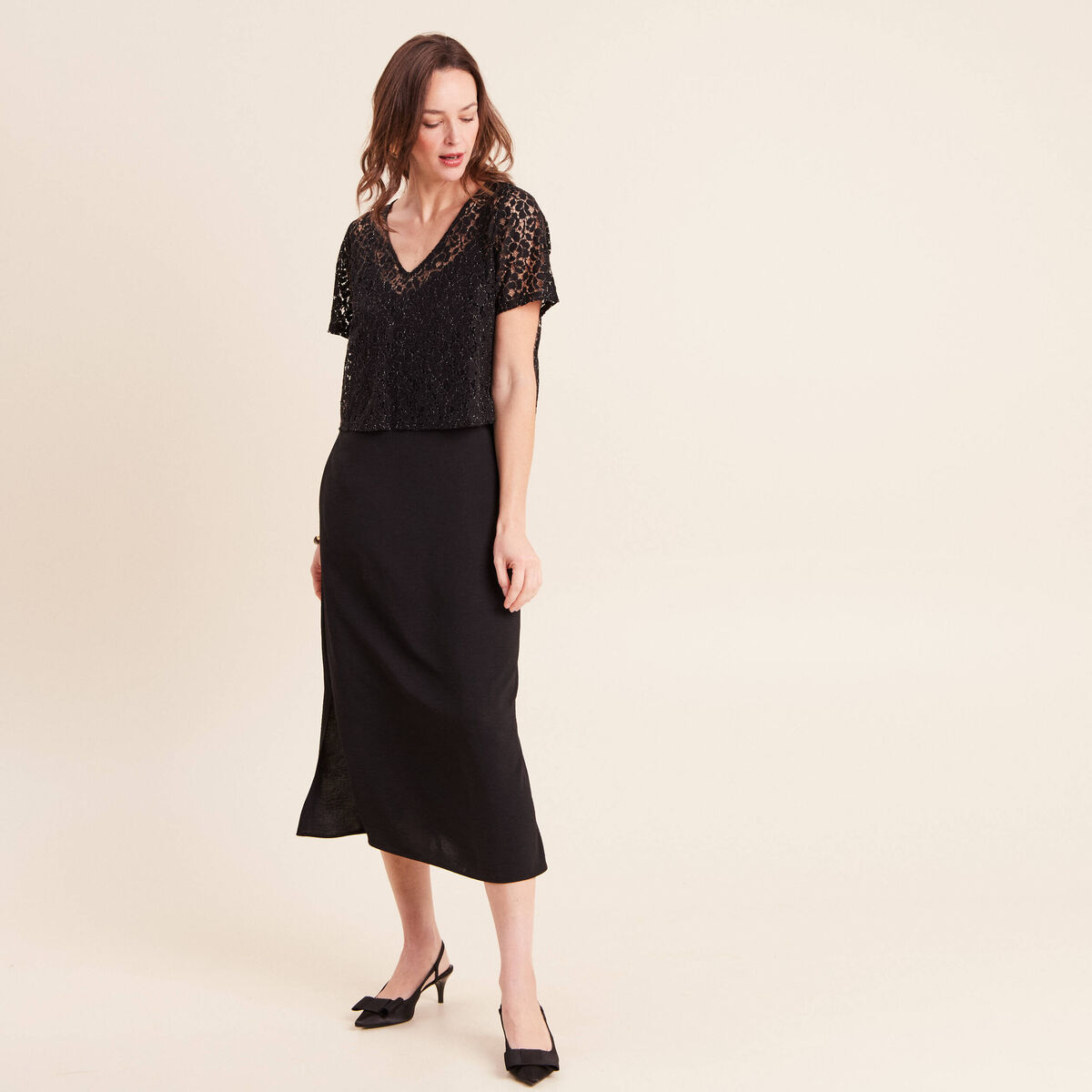 Robe longue &eacute;vas&eacute;e 2 en 1 col rond noir femme