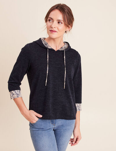 Sweat &agrave; capuche manches 3/4 bleu marine femme