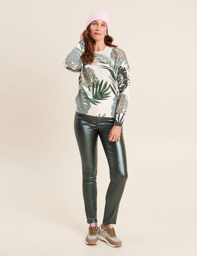 Pantalon ajusté enduit à pont vert foncé femme