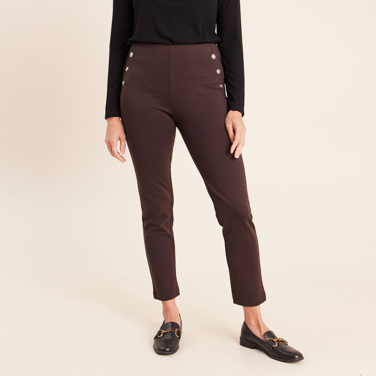 Legging 7/8&egrave;me taille bascul&eacute;e en maille marron fonc&eacute; femme