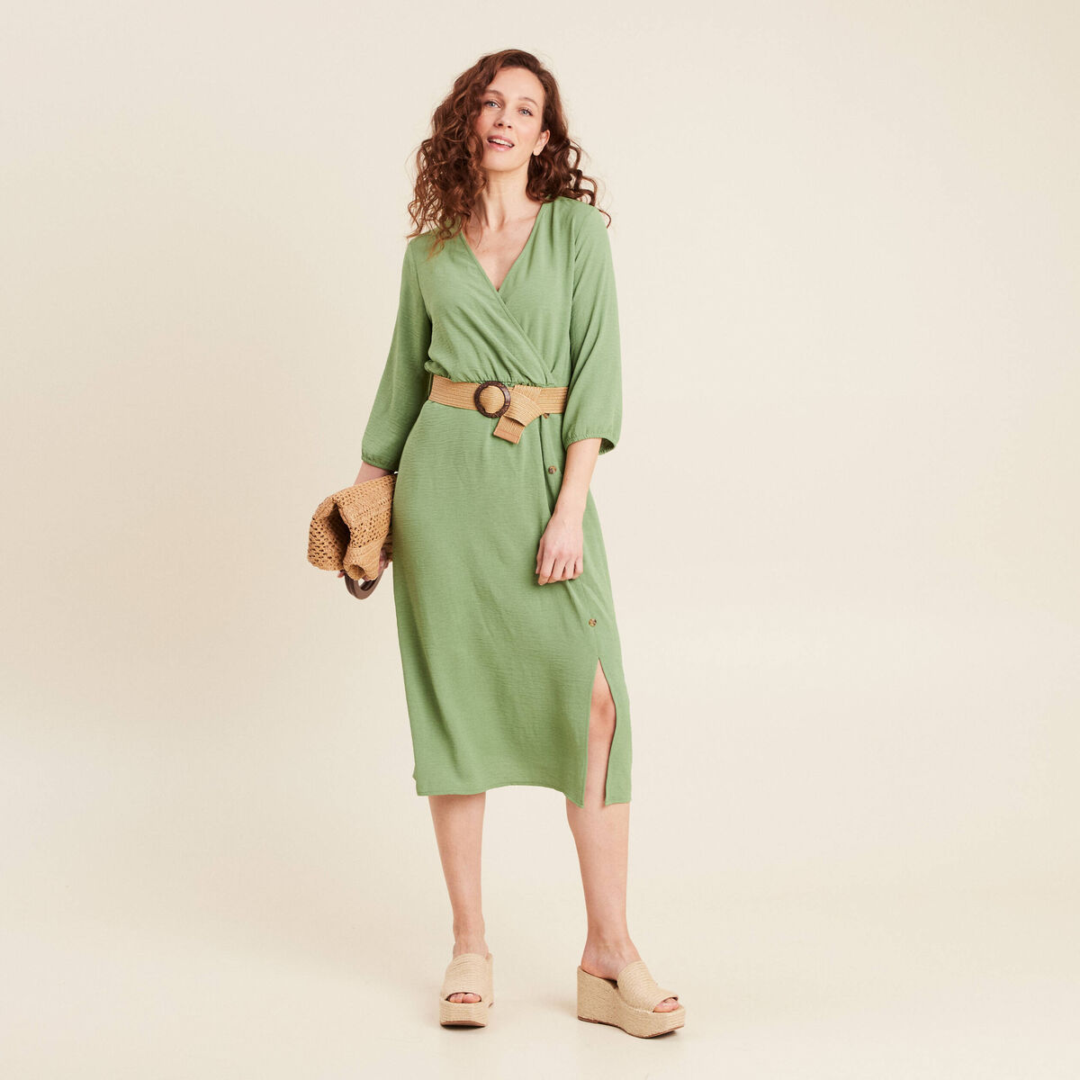 Robe droite ceinturée vert femme