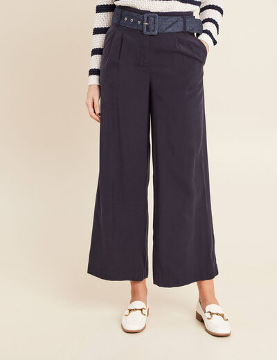 Pantalon large ceinturé bleu foncé femme