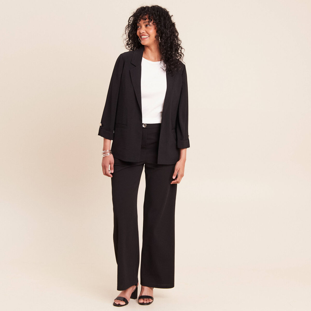 Veste longue droite col tailleur noir femme