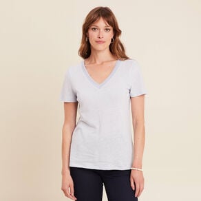 t shirt manches courtes col en v bleu clair femme T-shirt manches courtes col en V bleu clair femme