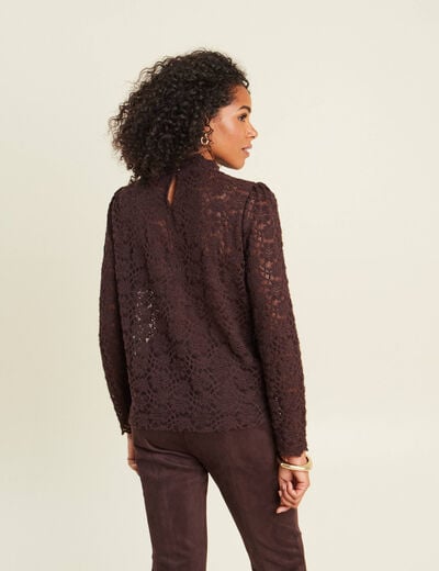 T-shirt cintr&eacute; col montant dentelle marron fonc&eacute; femme