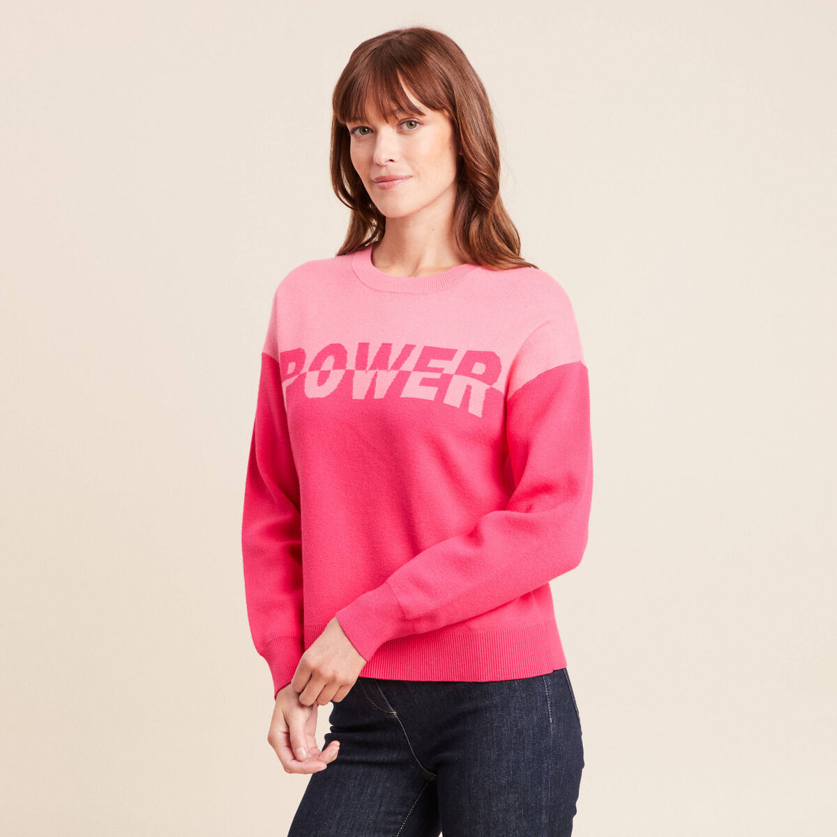 Pull col rond manches longues rose fushia femme