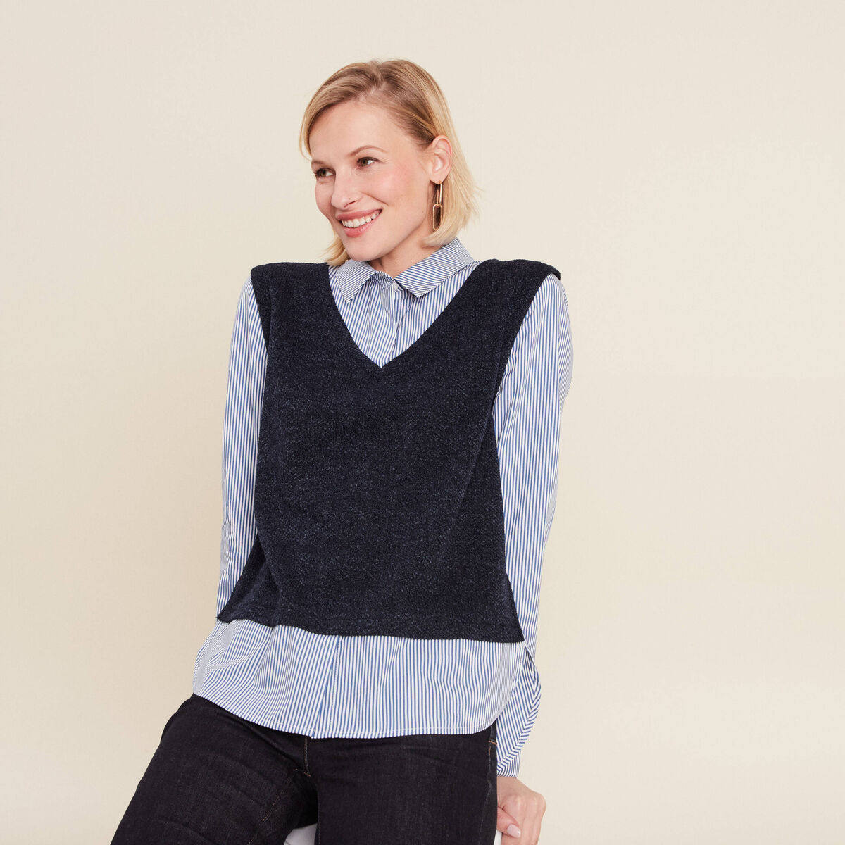 Pull effet 2-en-1 chemise bleu foncé femme