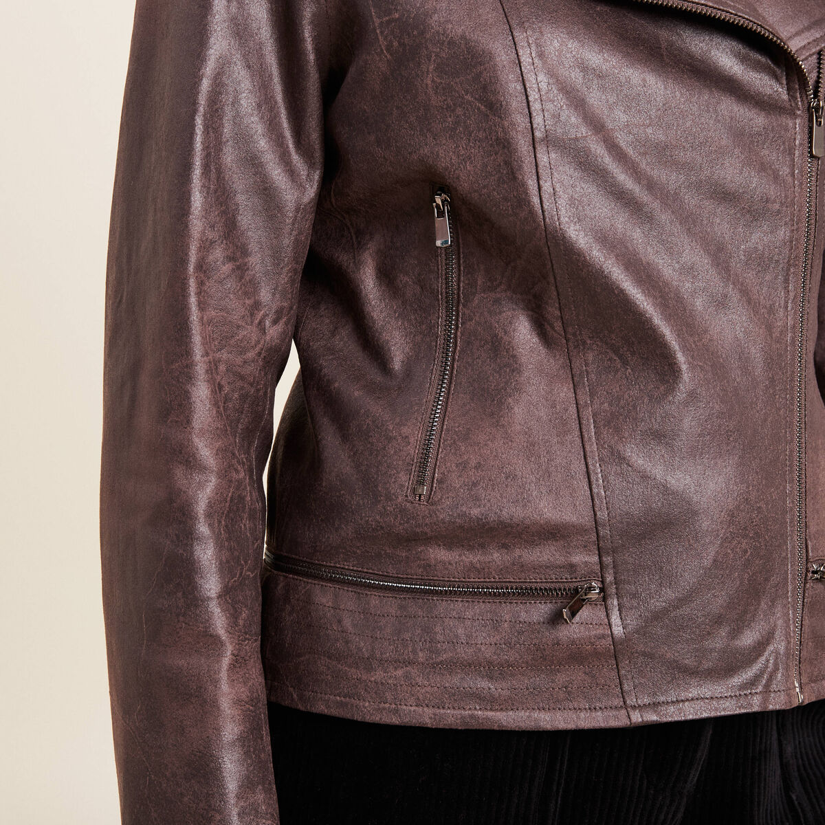 Veste esprit motard zipp&eacute;e marron fonc&eacute; femme
