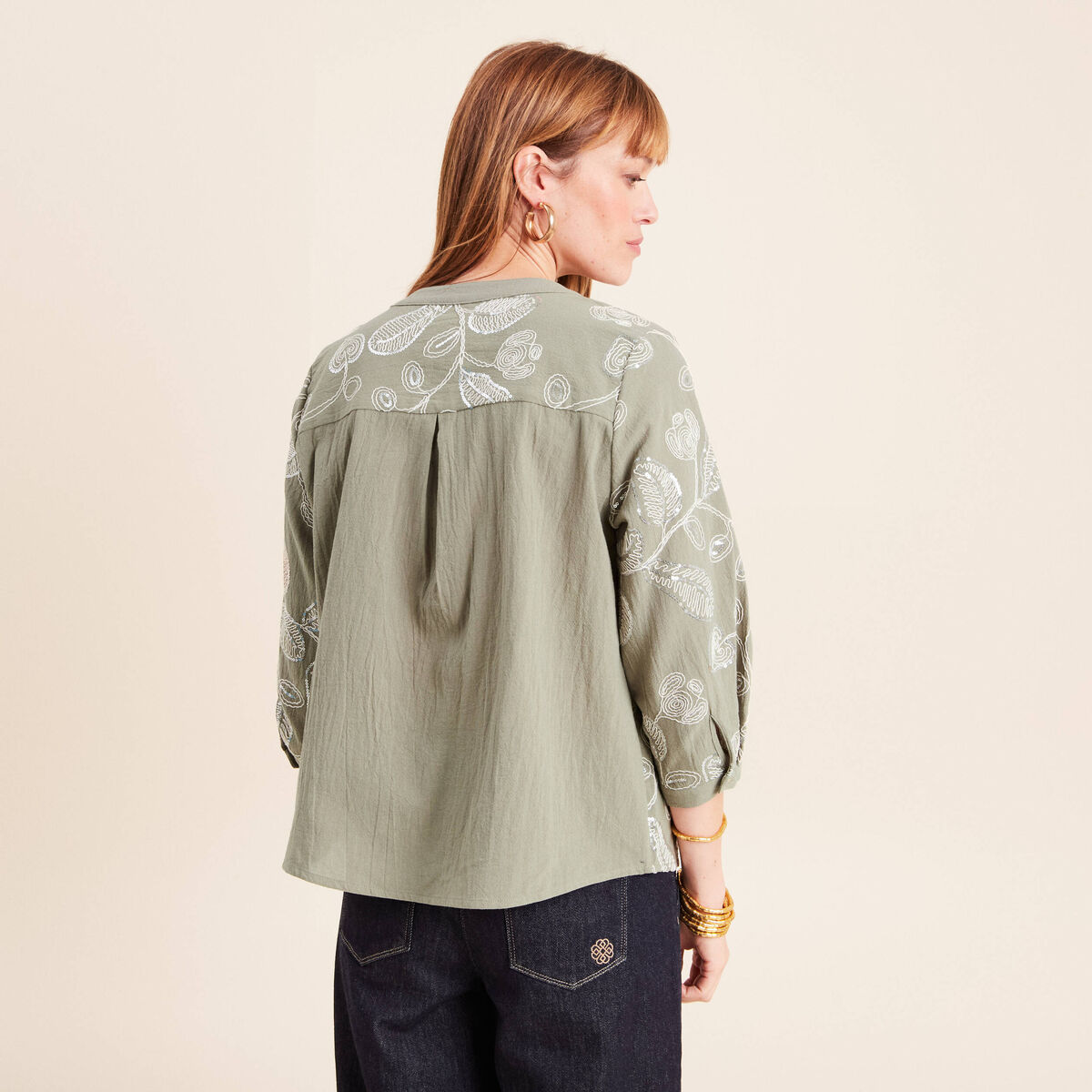 Blouse col tunisien manches 3/4 vert femme