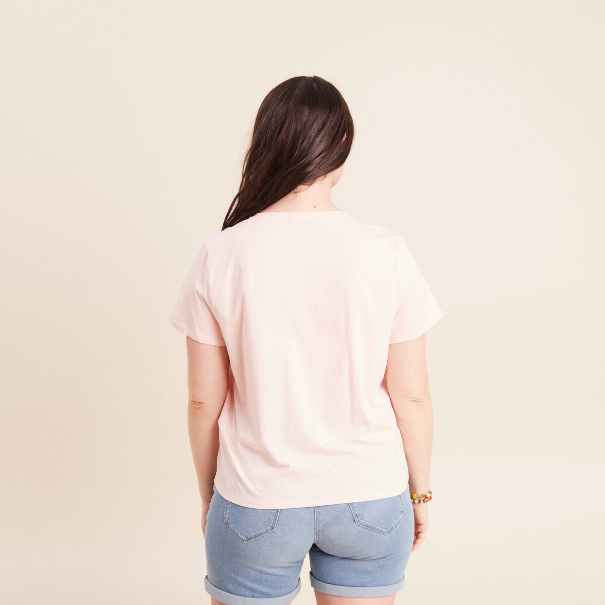 T-shirt col rond manches courtes rose poudr&eacute;e femme