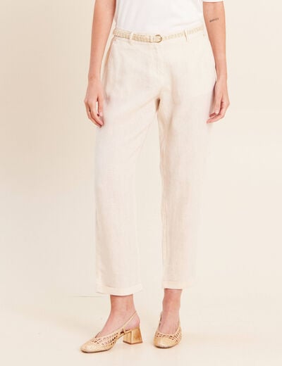 Pantalon coupe chino en lin ceintur&eacute; beige femme