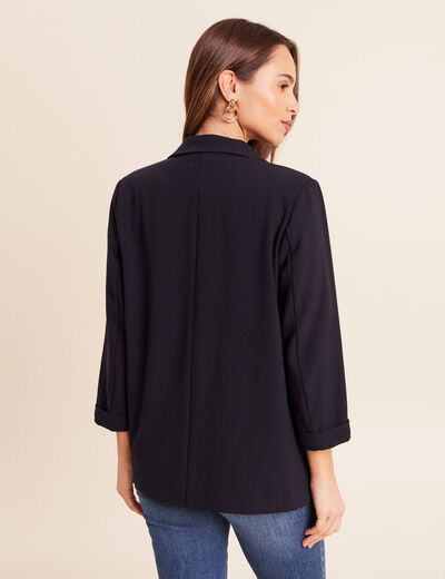 Veste longue droite col tailleur bleu fonc&eacute; femme