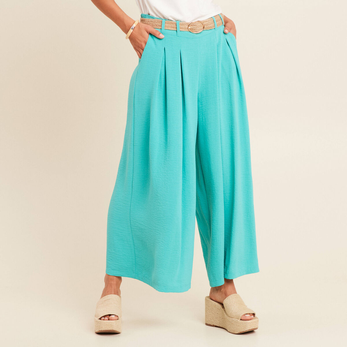 Pantalon jupe-culotte large vert turquoise femme