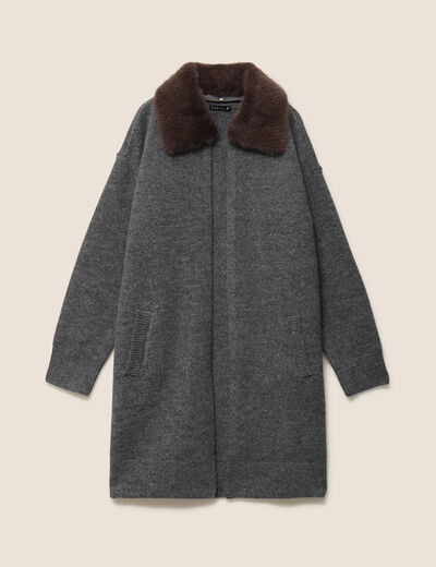 Gilet droit long col chemise gris fonc&eacute; femme
