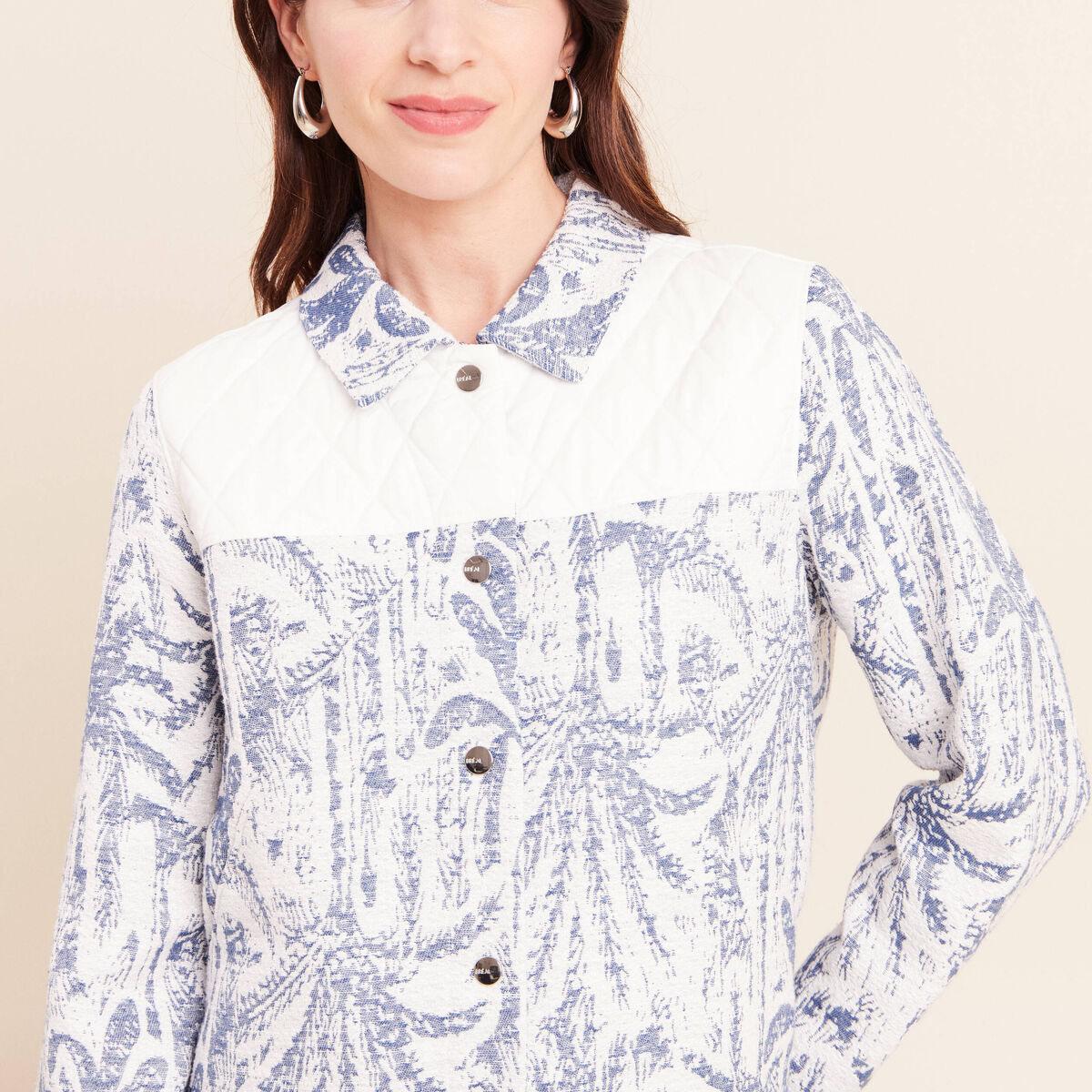 Veste bi-mati&egrave;re jacquard bleu femme