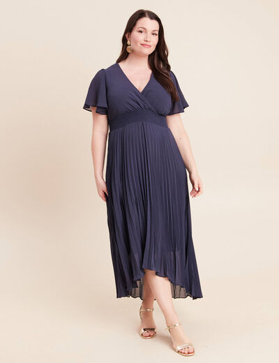 Robe longue &eacute;vas&eacute;e col v manches courtes bleu marine femme