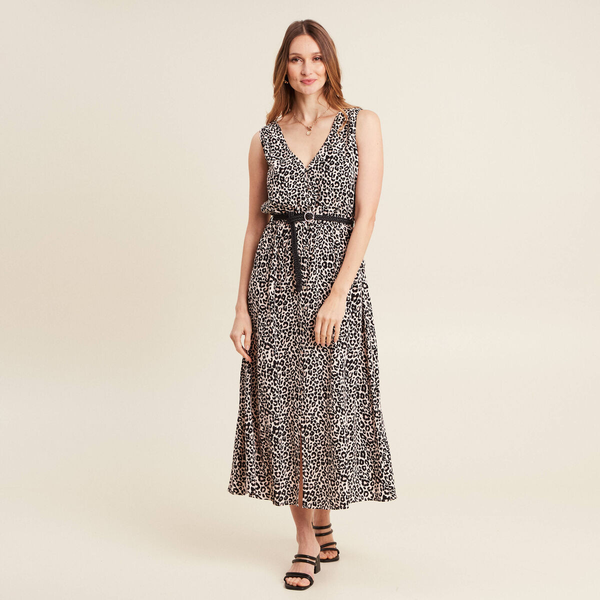 Robe midi &eacute;vas&eacute;e ceintur&eacute;e rose pastel femme