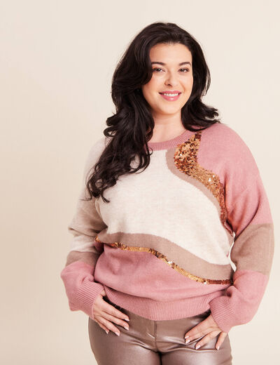 Pull col rond manches longues &agrave; sequins taupe femme